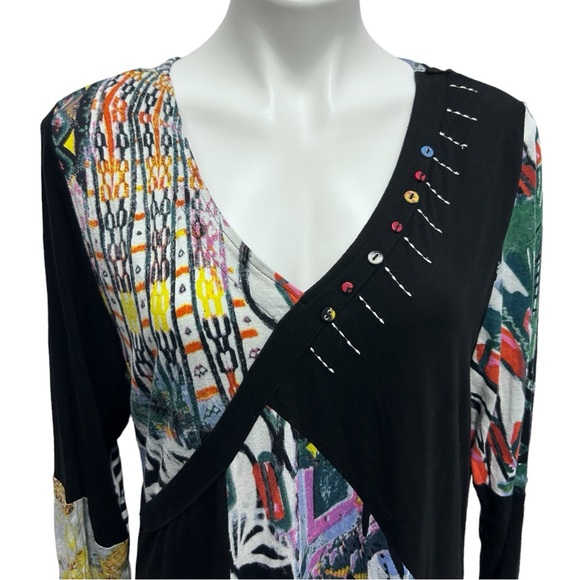 Parsley & Sage Abstract Jersey Panel Patchwork Art V-Neck Long Sleeve Tunic Top - Picture 2 of 9